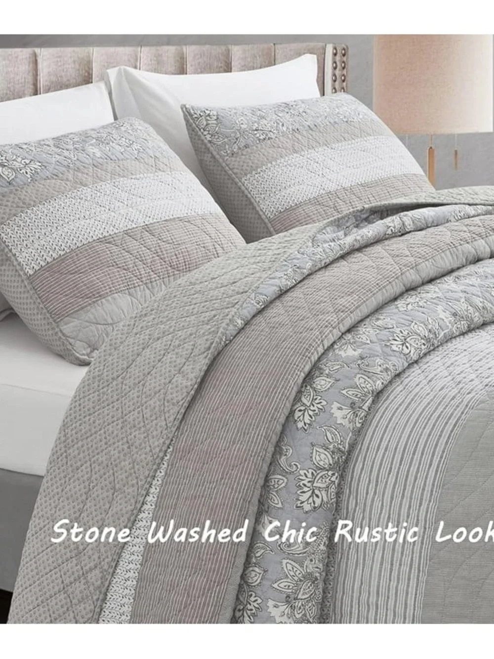 Gray Striped cal king 3 piece Quilted Bedspread Set 100% cotton